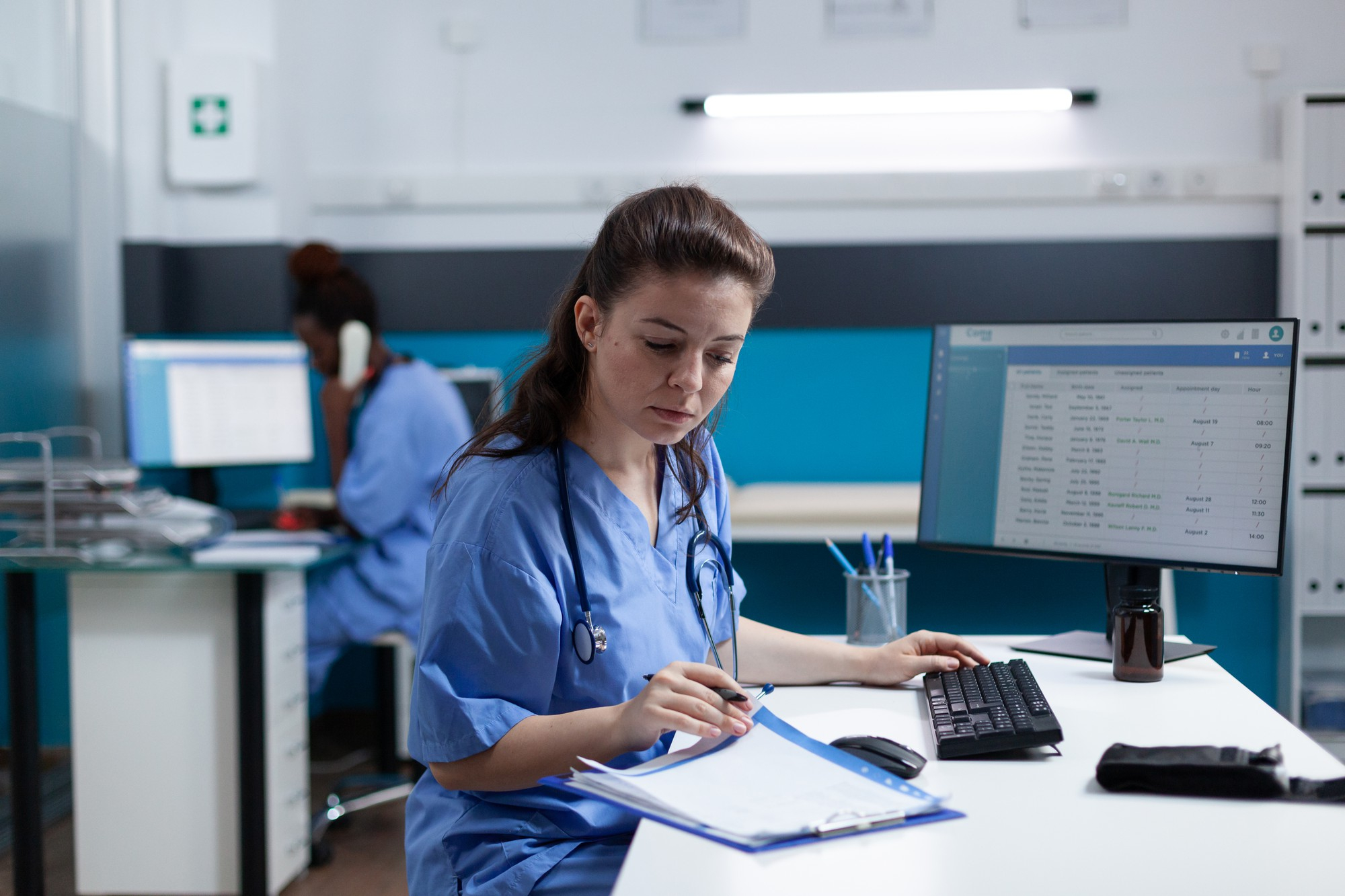 pharmacist-nurse-with-stethoscope-analyzing-healthcare-treatment